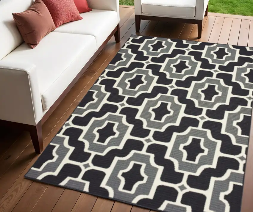 Black and Gray Geometric Stain Resistant Indoor Outdoor Area Rug Photo 1