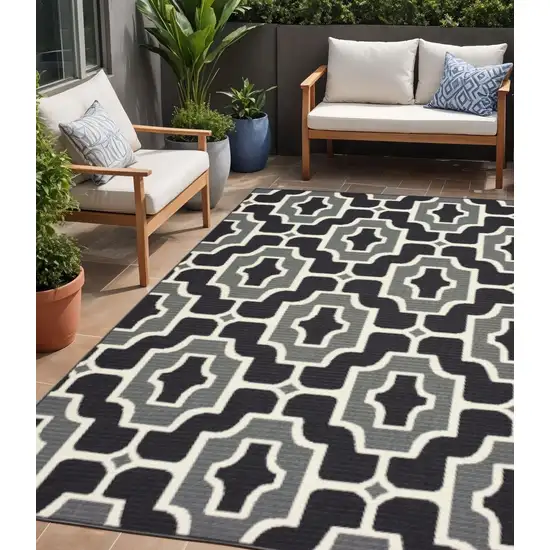 Black and Gray Geometric Stain Resistant Indoor Outdoor Area Rug Photo 1