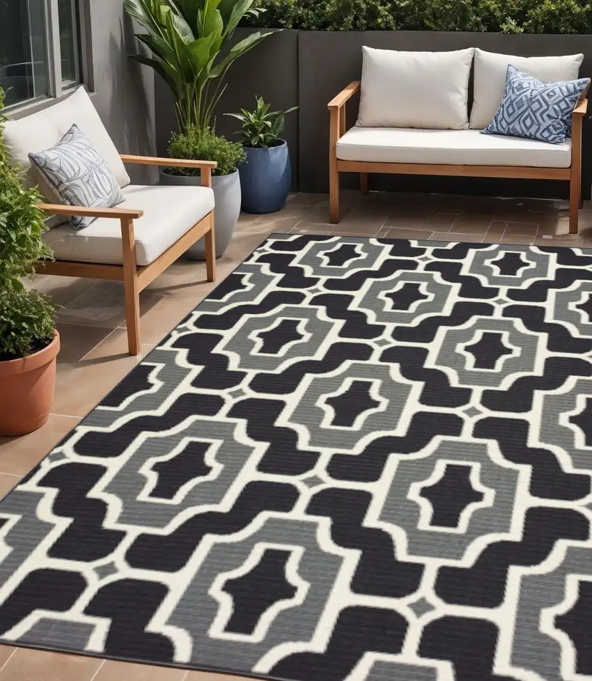 Black and Gray Geometric Stain Resistant Indoor Outdoor Area Rug Photo 1