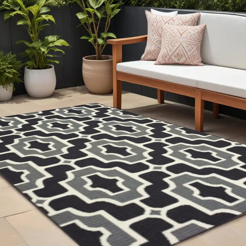 Black and Gray Geometric Stain Resistant Indoor Outdoor Area Rug Photo 1