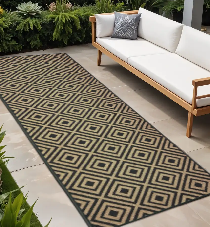 Black and Tan Geometric Stain Resistant Indoor Outdoor Area Rug Photo 1