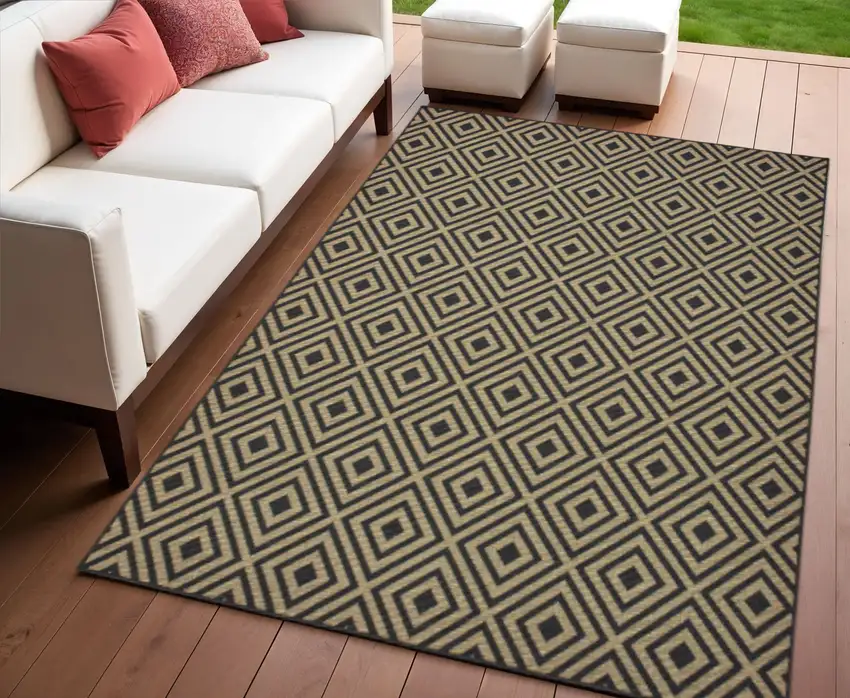 Black and Tan Geometric Stain Resistant Indoor Outdoor Area Rug Photo 1