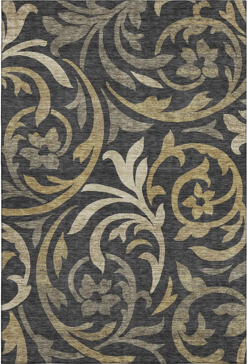 Black Gold And Beige Floral Washable Area Rug With UV Protection Photo 1