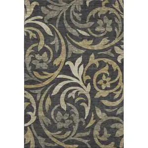 Photo of Black Gold And Beige Floral Washable Area Rug With UV Protection