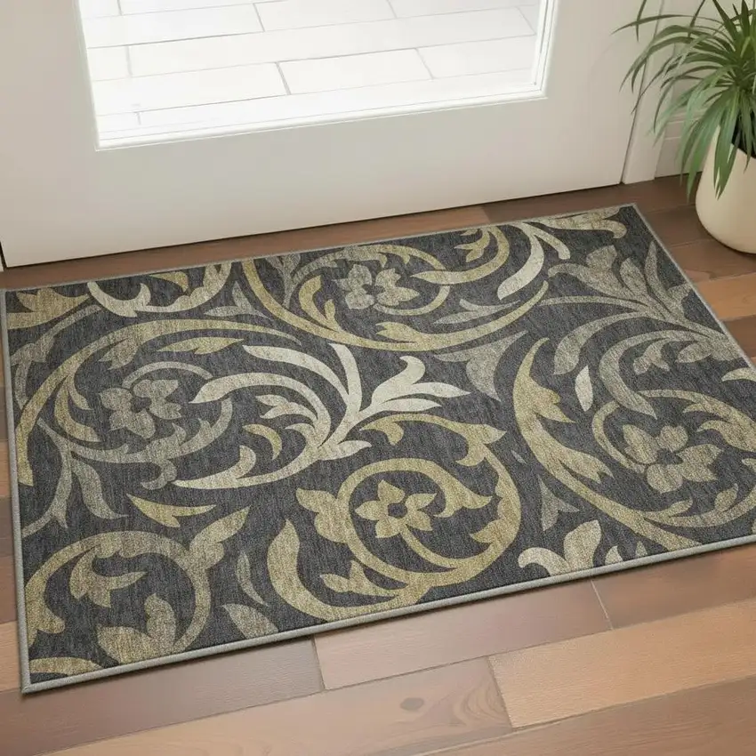 Black Gold And Beige Floral Washable Area Rug With UV Protection Photo 2