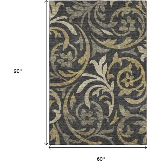 Black Gold And Beige Floral Washable Area Rug With UV Protection Photo 3