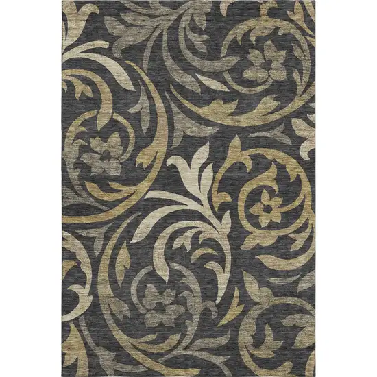 Black Gold And Beige Floral Washable Area Rug With UV Protection Photo 1