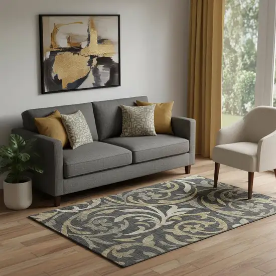 Black Gold And Beige Floral Washable Area Rug With UV Protection Photo 1