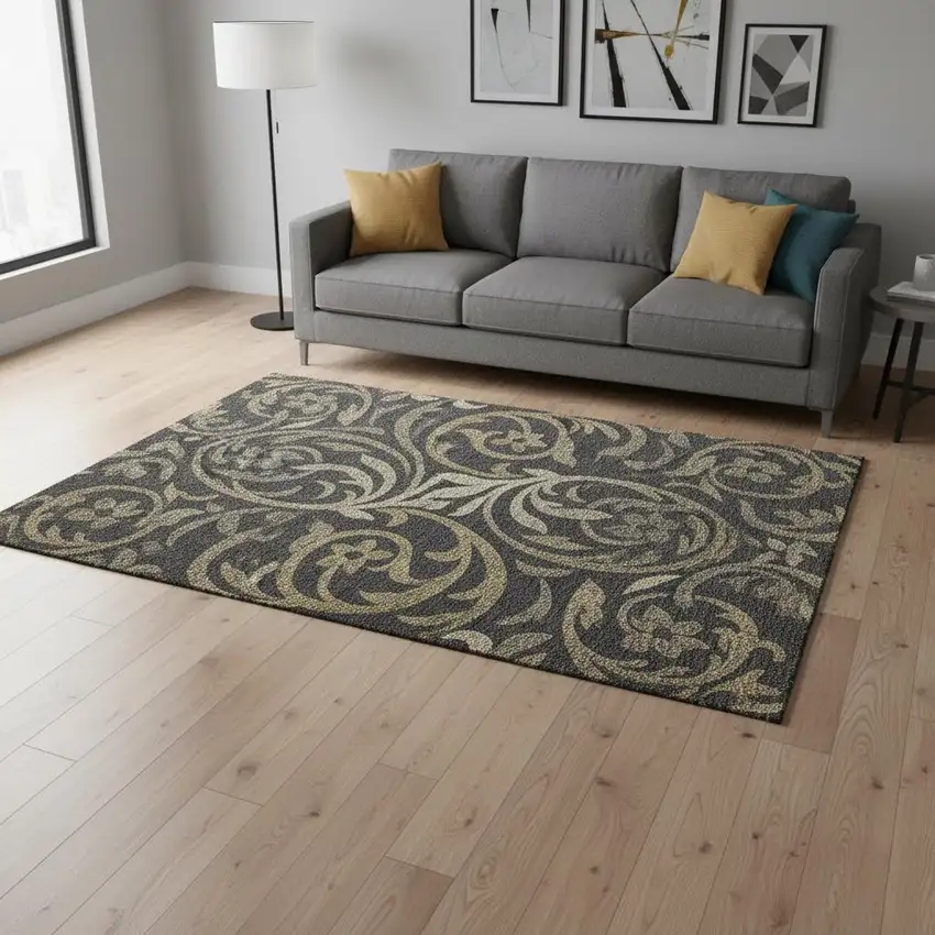 Black Gold And Beige Floral Washable Area Rug With UV Protection Photo 2