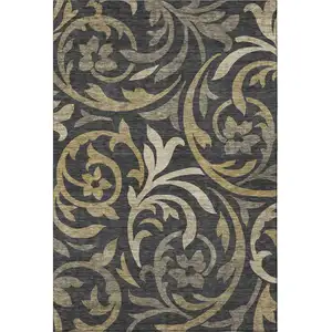 Photo of Black Gold And Beige Floral Washable Area Rug With UV Protection