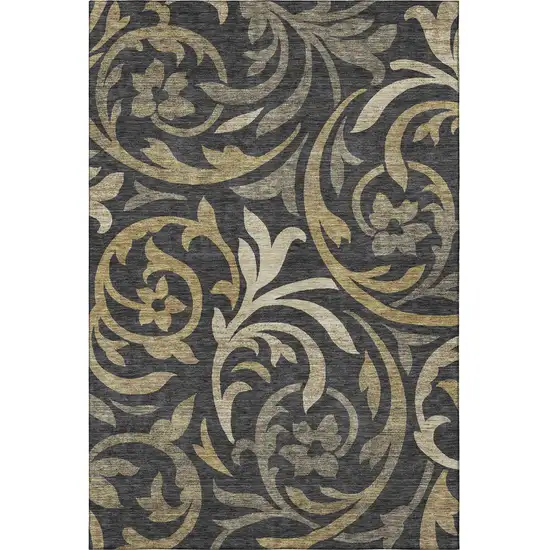 Black Gold And Beige Floral Washable Area Rug With UV Protection Photo 4