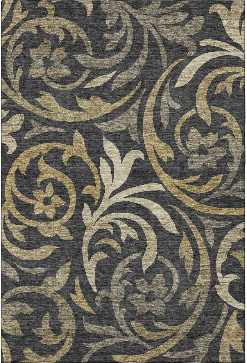 Black Gold And Beige Floral Washable Area Rug With UV Protection Photo 4
