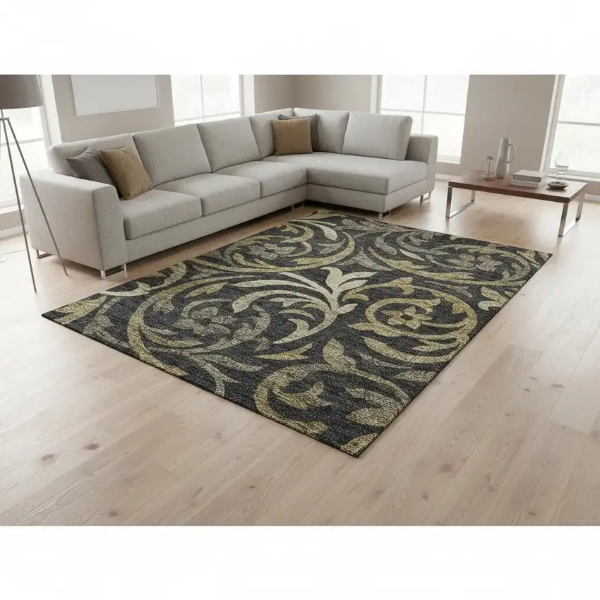 Black Gold And Beige Floral Washable Area Rug With UV Protection Photo 2