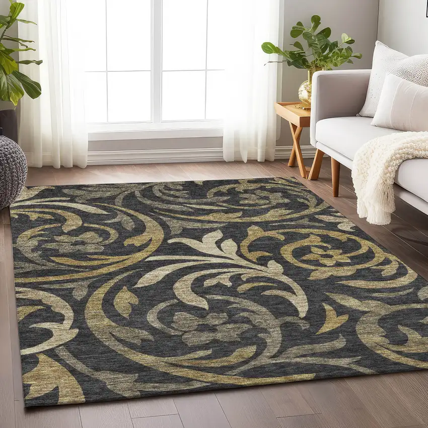Black Gold And Beige Floral Washable Area Rug With UV Protection Photo 5