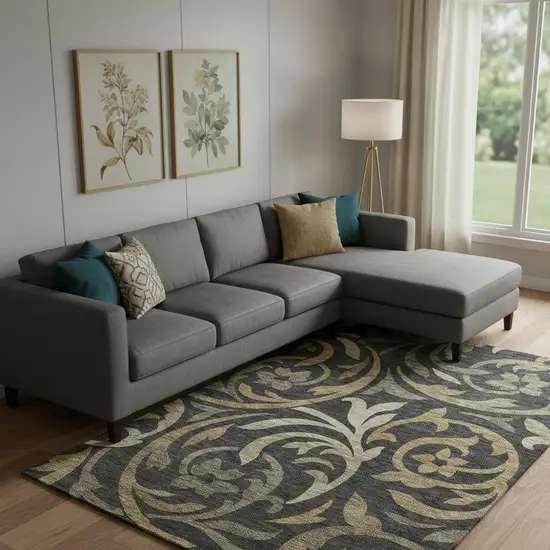 Black Gold And Beige Floral Washable Area Rug With UV Protection Photo 1