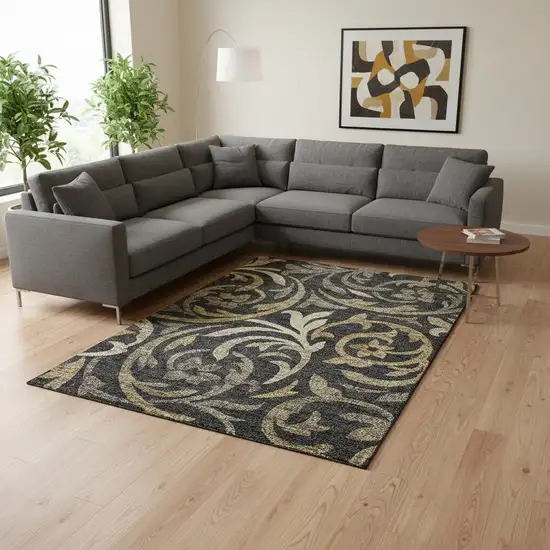 Black Gold And Beige Floral Washable Area Rug With UV Protection Photo 2