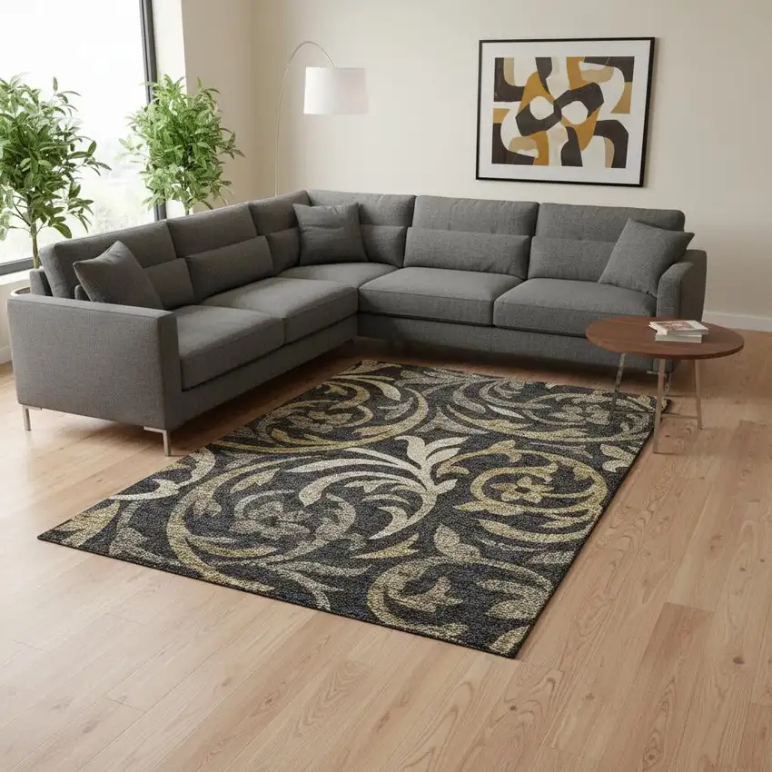 Black Gold And Beige Floral Washable Area Rug With UV Protection Photo 2