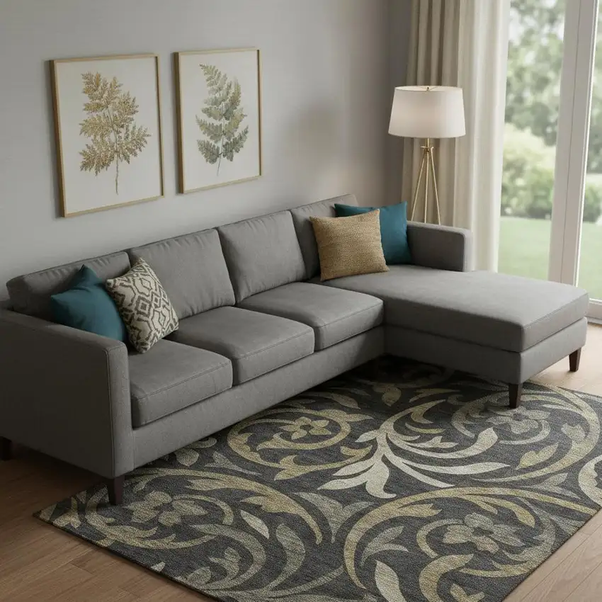 Black Gold And Beige Floral Washable Area Rug With UV Protection Photo 1