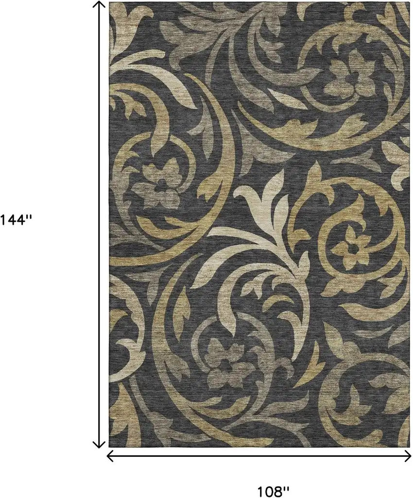 Black Gold And Beige Floral Washable Area Rug With UV Protection Photo 3
