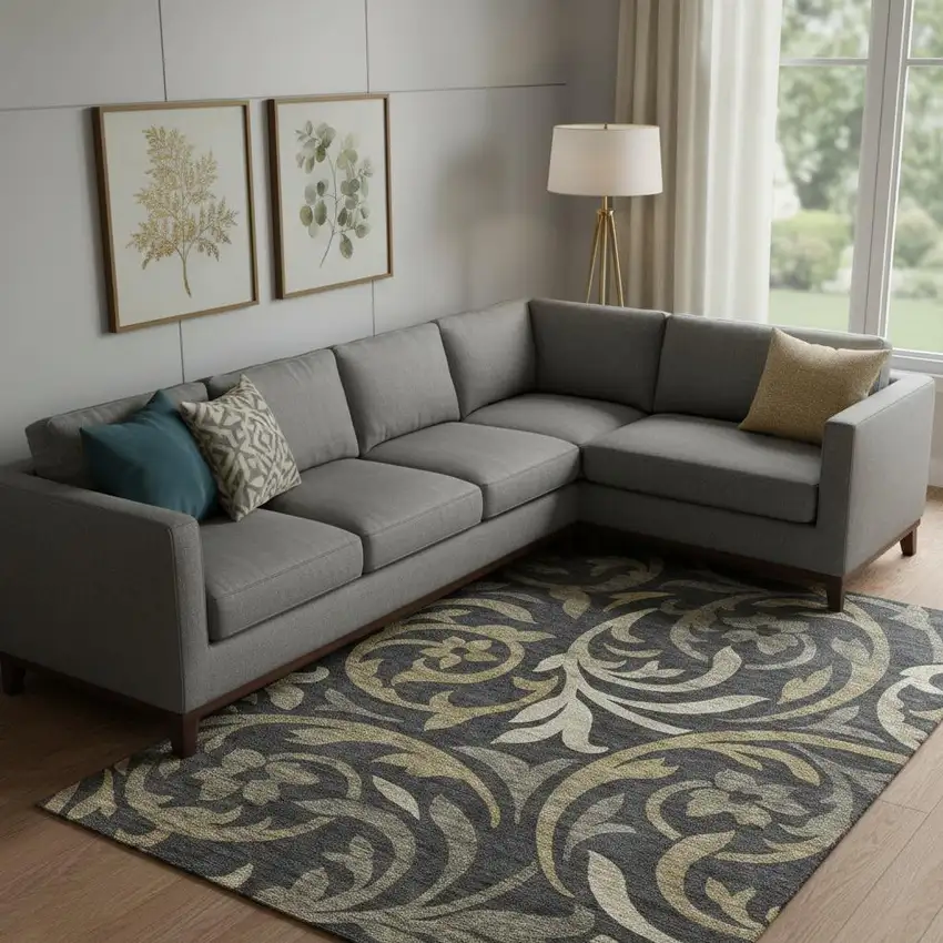 Black Gold And Beige Floral Washable Area Rug With UV Protection Photo 1