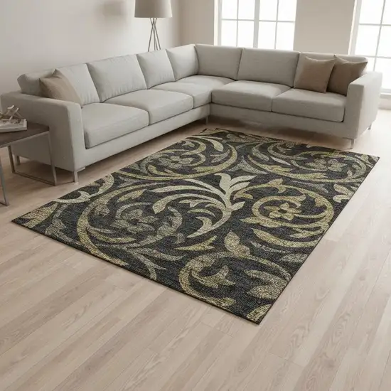 Black Gold And Beige Floral Washable Area Rug With UV Protection Photo 2