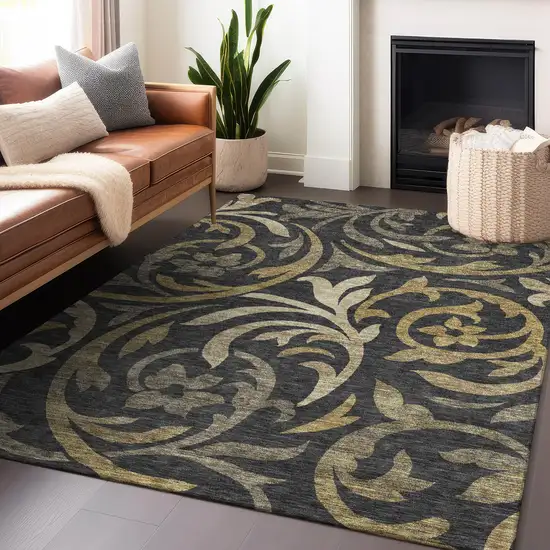 Black Gold And Beige Floral Washable Area Rug With UV Protection Photo 6
