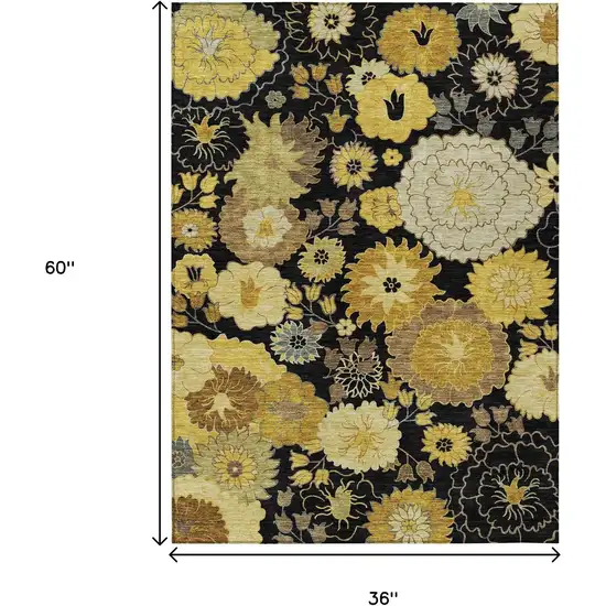 Black Gold And Beige Floral Washable Indoor Outdoor Area Rug Photo 3