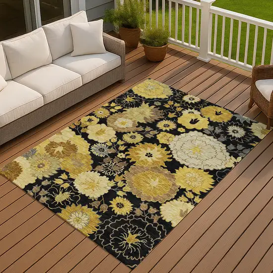 Black Gold And Beige Floral Washable Indoor Outdoor Area Rug Photo 9