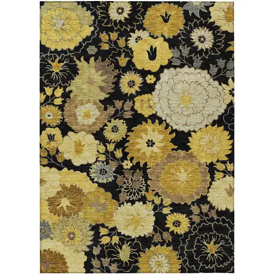 Black Gold And Beige Floral Washable Indoor Outdoor Area Rug Photo 2