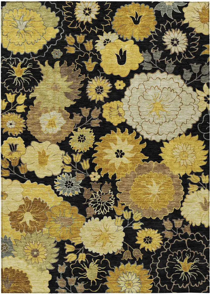 Black Gold And Beige Floral Washable Indoor Outdoor Area Rug Photo 2
