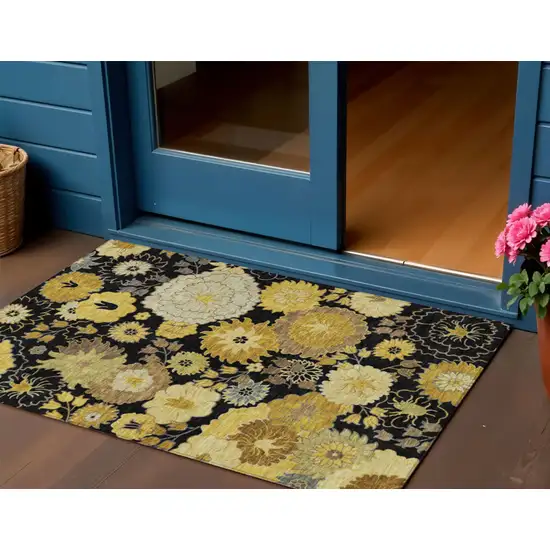 Black Gold And Beige Floral Washable Indoor Outdoor Area Rug Photo 1