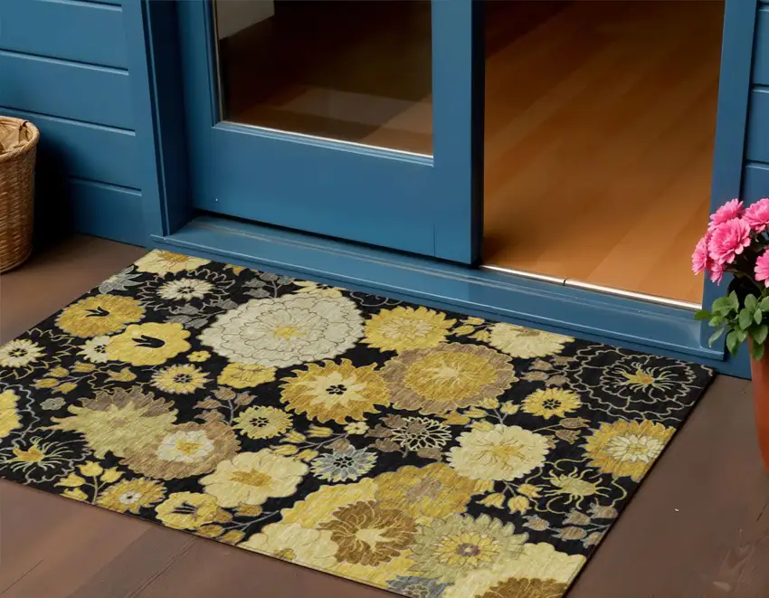 Black Gold And Beige Floral Washable Indoor Outdoor Area Rug Photo 1