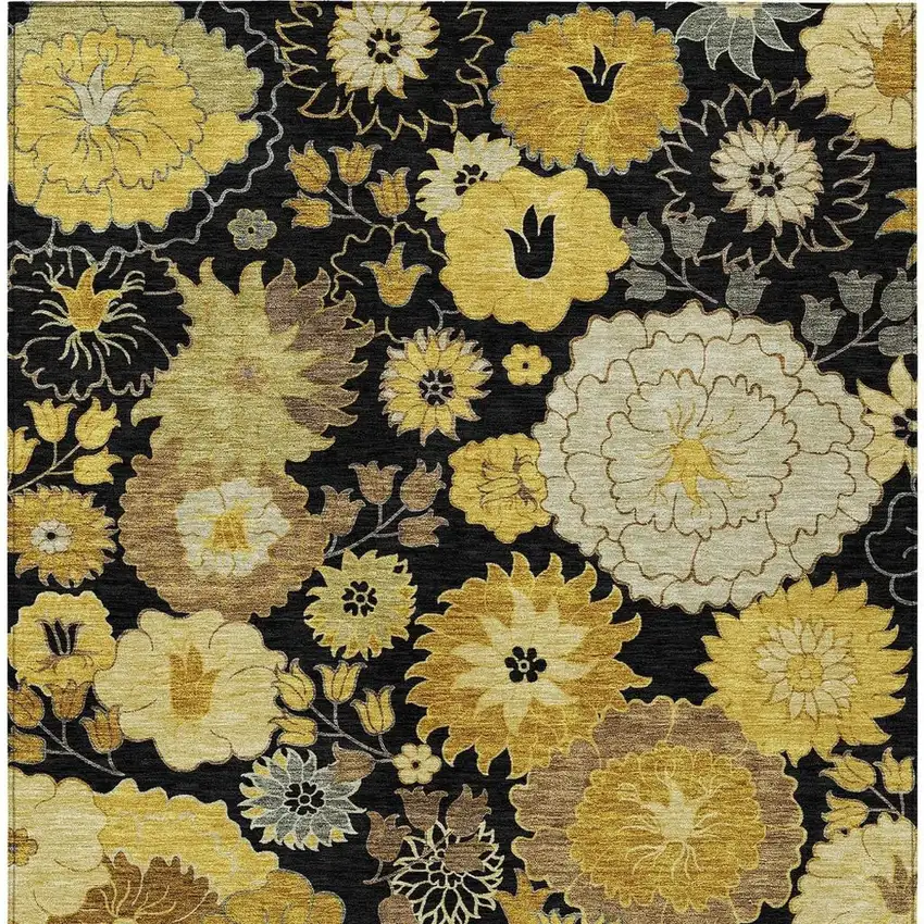 Black Gold And Beige Floral Washable Indoor Outdoor Area Rug Photo 4