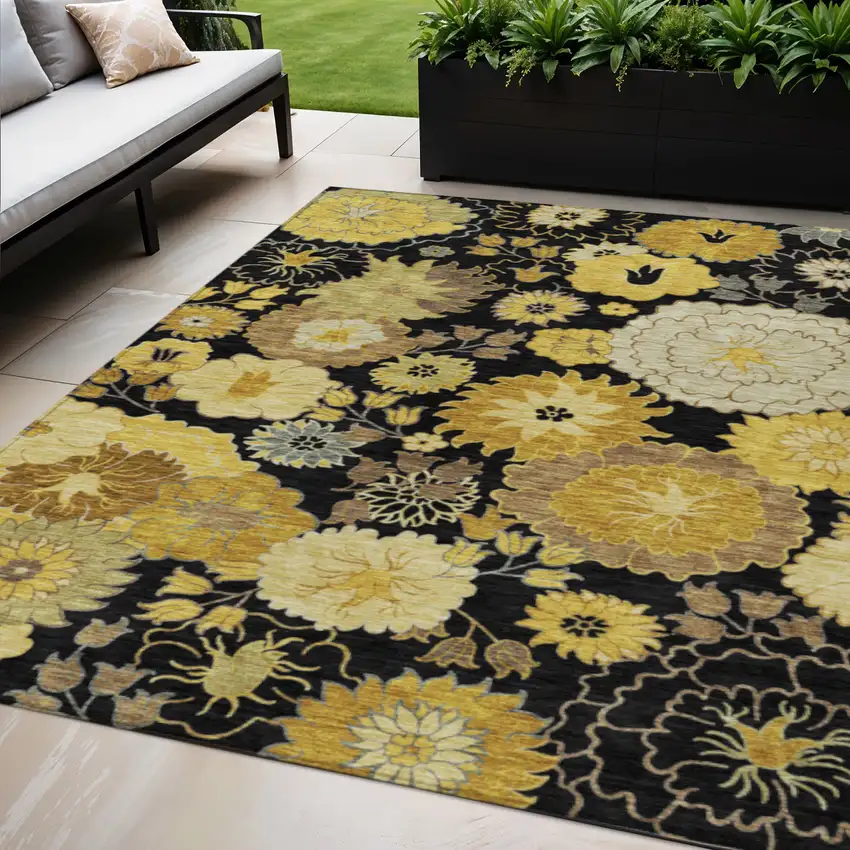 Black Gold And Beige Floral Washable Indoor Outdoor Area Rug Photo 1
