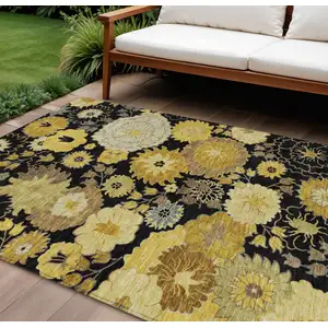 Photo of Black Gold And Beige Floral Washable Indoor Outdoor Area Rug