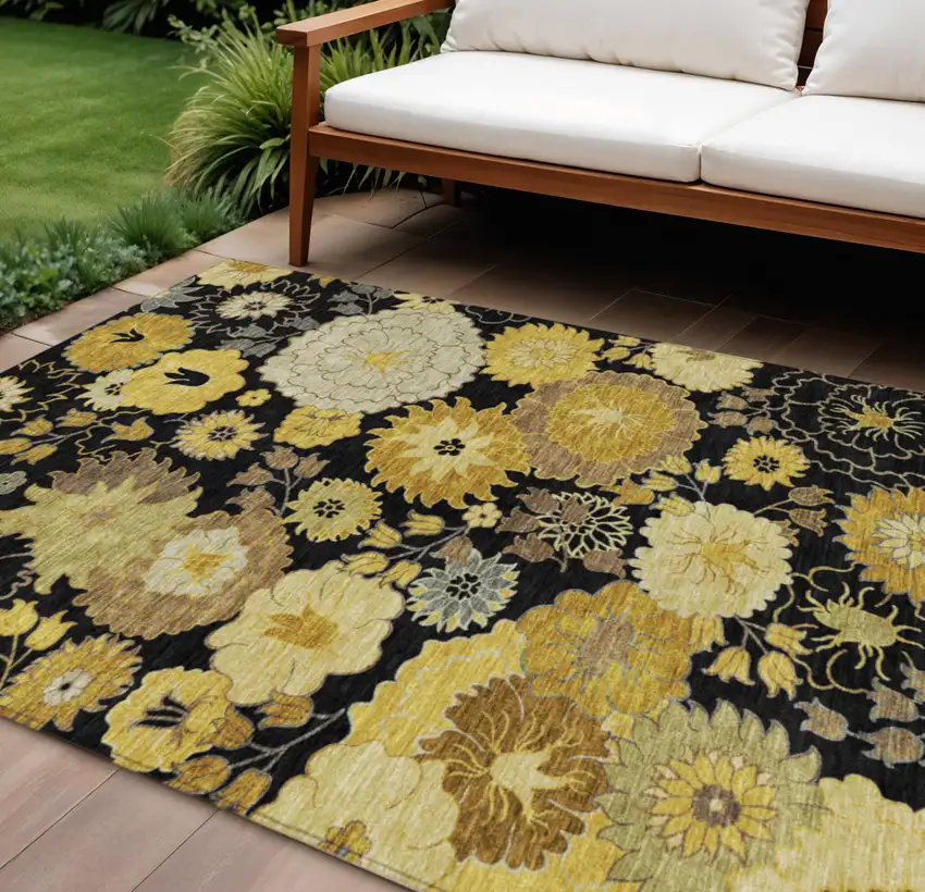 Black Gold And Beige Floral Washable Indoor Outdoor Area Rug Photo 1