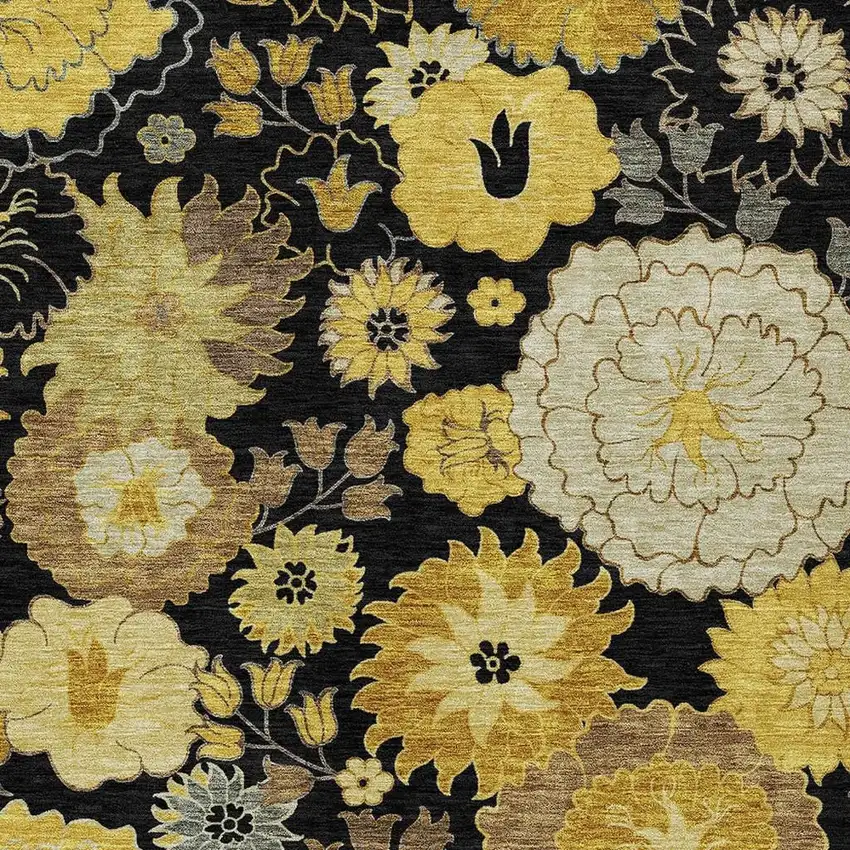 Black Gold And Beige Floral Washable Indoor Outdoor Area Rug Photo 7