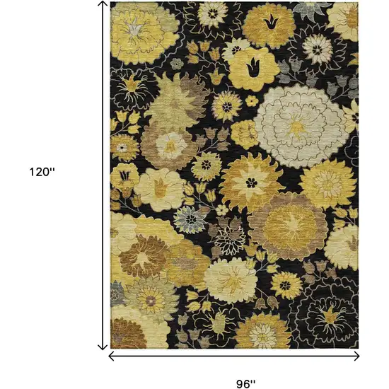 Black Gold And Beige Floral Washable Indoor Outdoor Area Rug Photo 3