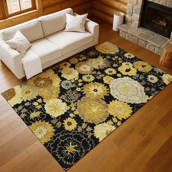 Black Gold And Beige Floral Washable Indoor Outdoor Area Rug Photo 9