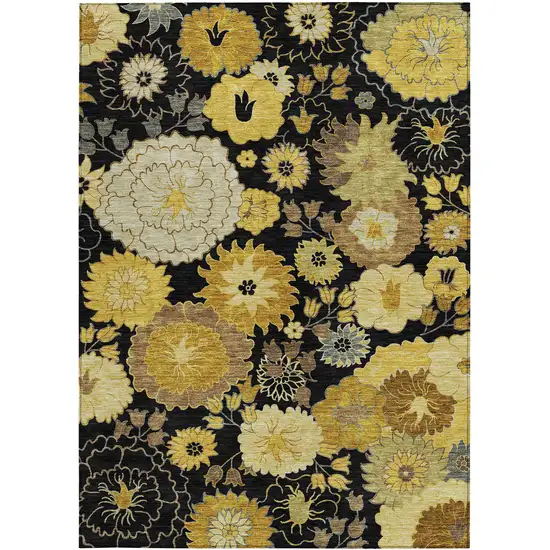 Black Gold And Beige Floral Washable Indoor Outdoor Area Rug Photo 4