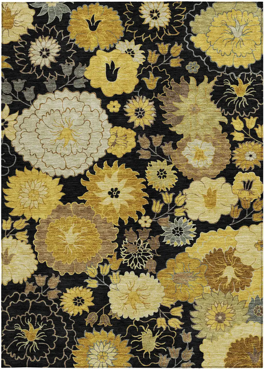 Black Gold And Beige Floral Washable Indoor Outdoor Area Rug Photo 4