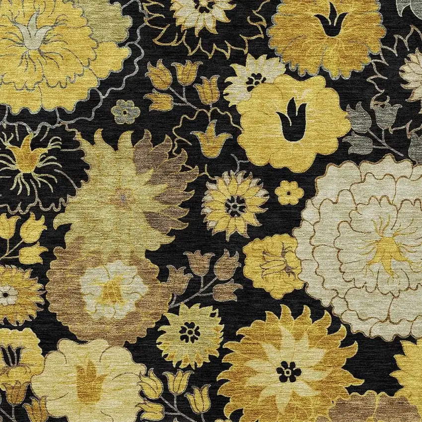 Black Gold And Beige Floral Washable Indoor Outdoor Area Rug Photo 7