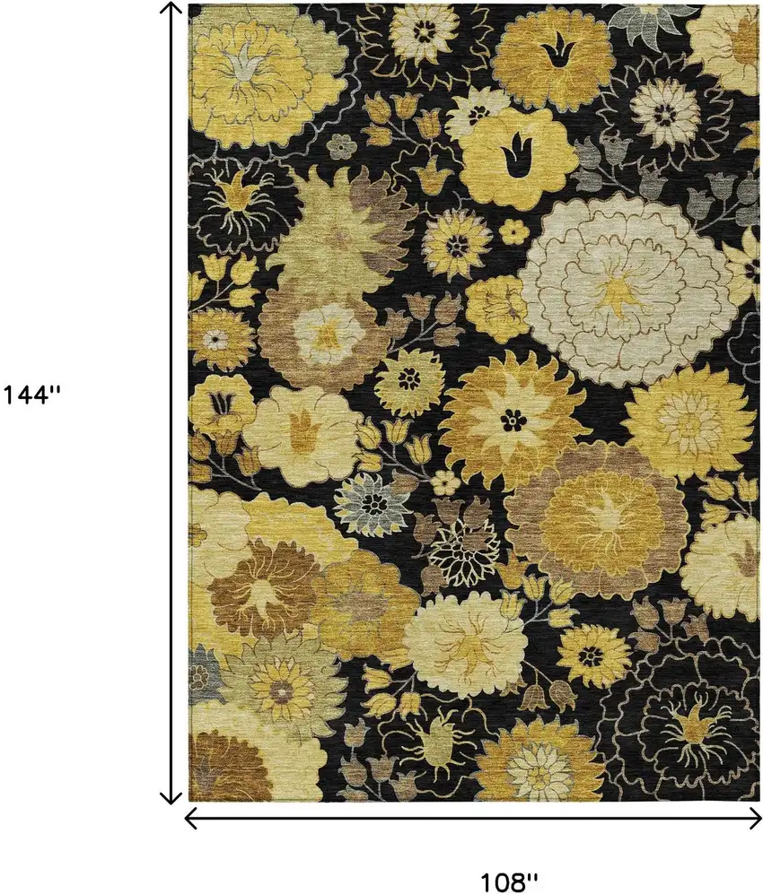 Black Gold And Beige Floral Washable Indoor Outdoor Area Rug Photo 3