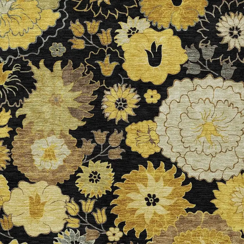 Black Gold And Beige Floral Washable Indoor Outdoor Area Rug Photo 7