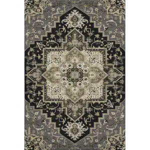 Photo of Black Gold And Beige Oriental Washable Area Rug With UV Protection