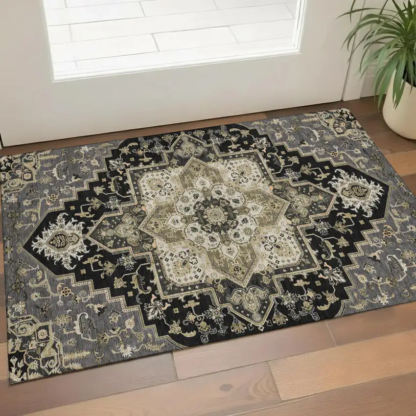 Black Gold And Beige Oriental Washable Area Rug With UV Protection Photo 1