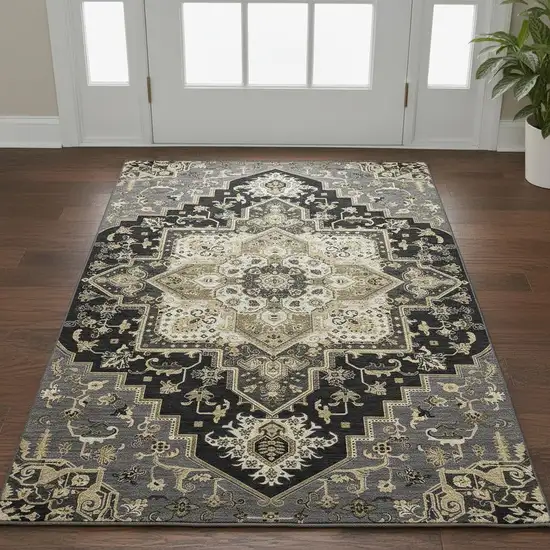 Black Gold And Beige Oriental Washable Area Rug With UV Protection Photo 2