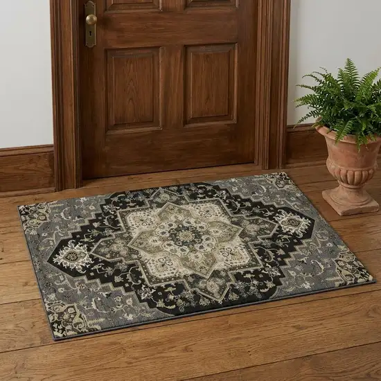Black Gold And Beige Oriental Washable Area Rug With UV Protection Photo 1