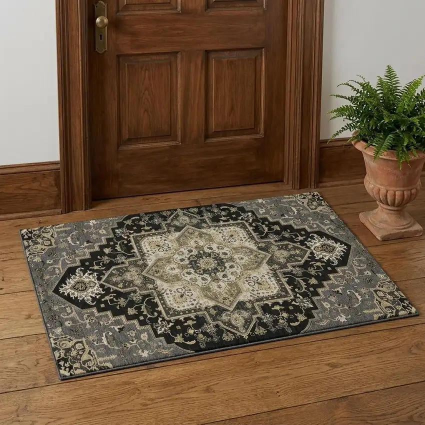 Black Gold And Beige Oriental Washable Area Rug With UV Protection Photo 1