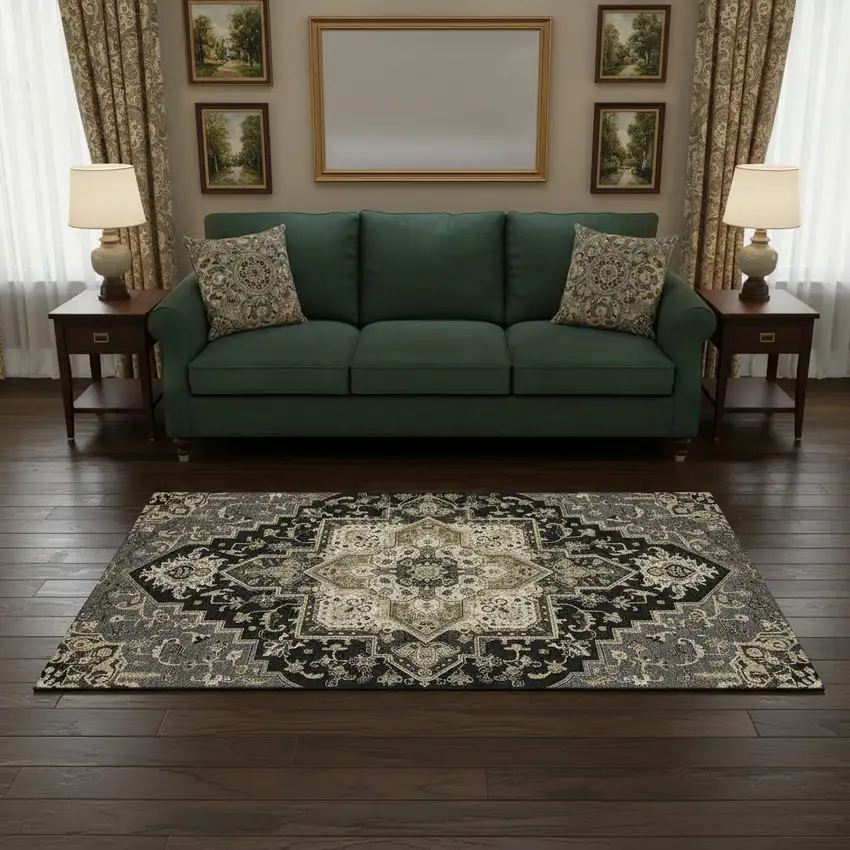 Black Gold And Beige Oriental Washable Area Rug With UV Protection Photo 2